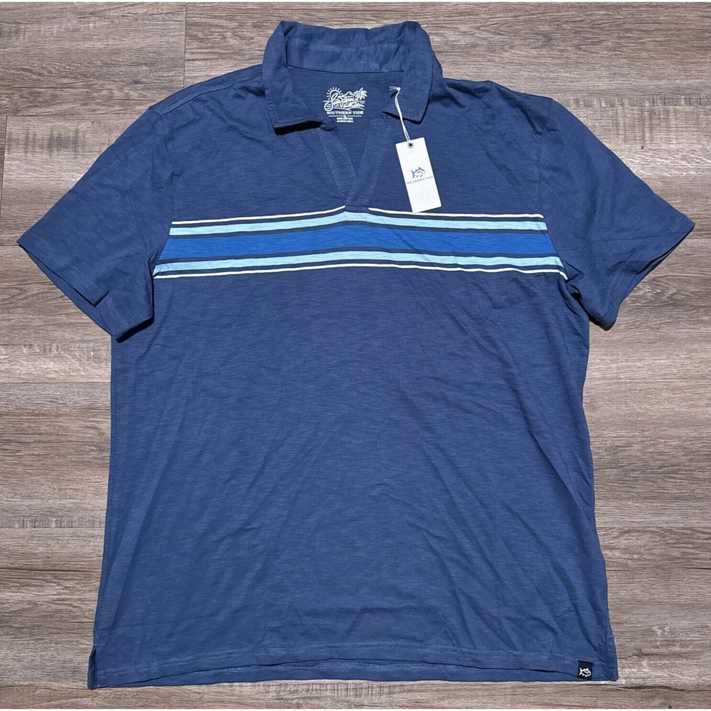 Southern Tide Sun Farer Collection Men's Large Aged Denim Blue Striped Mesa Polo